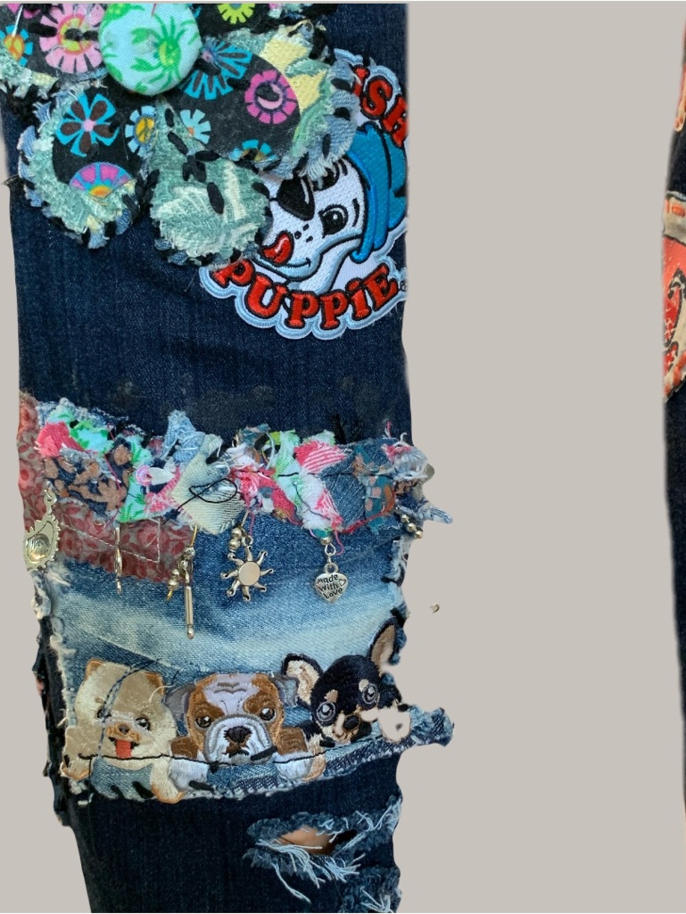 Upcycled Patchwork and Patched Embellished Dark Blue Cigarette Cut Denim Jeans - Picture 7 of 15